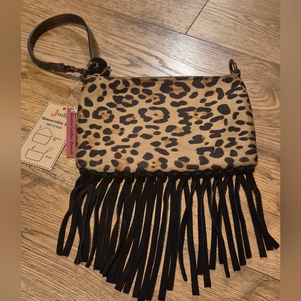 NEW Justin Boots Leopard Print Fringe Clutch Purse Or Small Shoulder Bag